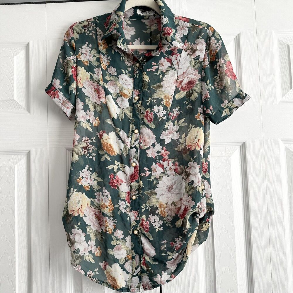 MELING Floral Button Front Blouse Green Feminine Sheer Top Size L Cottagecore